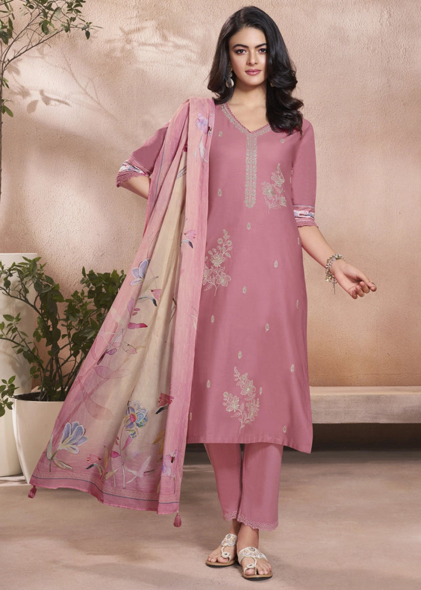 Soft Creamy Pink Cotton Suit with Beautiful Floral Threadwork - House of Sarvati LLC