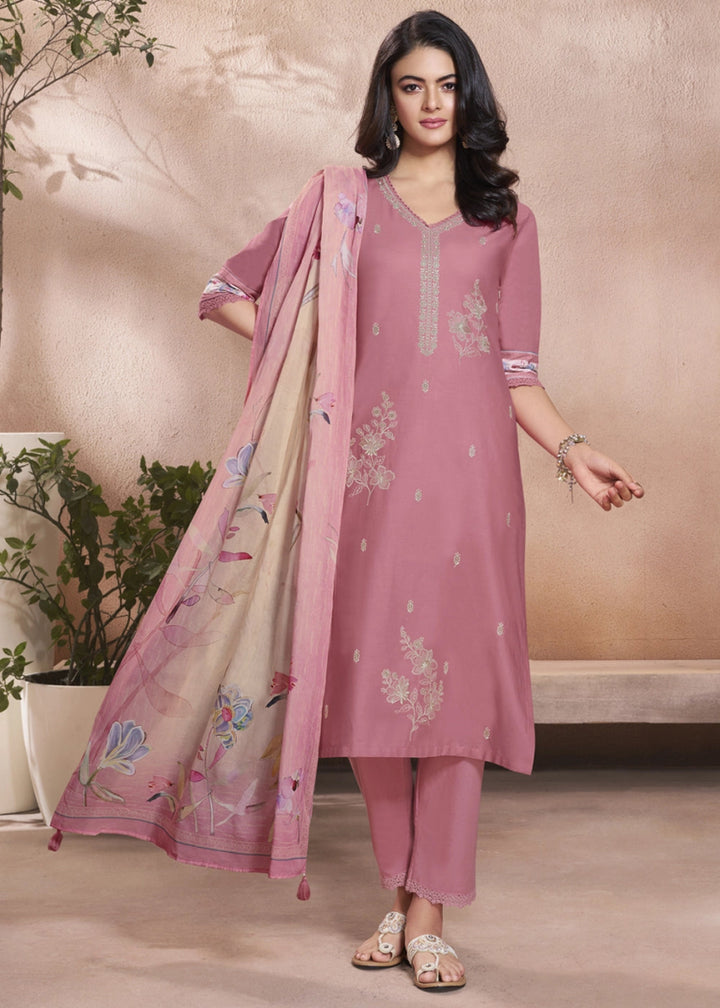 Soft Creamy Pink Cotton Suit with Beautiful Floral Threadwork - House of Sarvati LLC