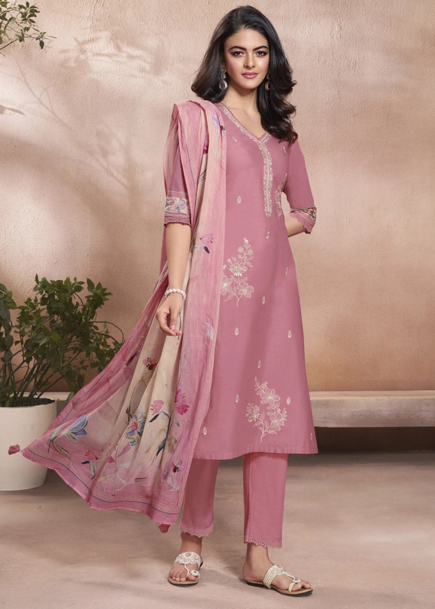 Soft Creamy Pink Cotton Suit with Beautiful Floral Threadwork - House of Sarvati LLC