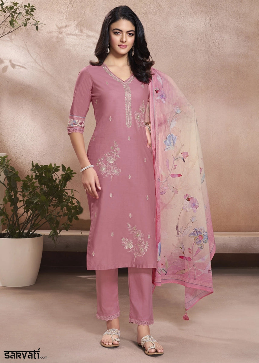 Soft Creamy Pink Cotton Suit with Beautiful Floral Threadwork - House of Sarvati LLC