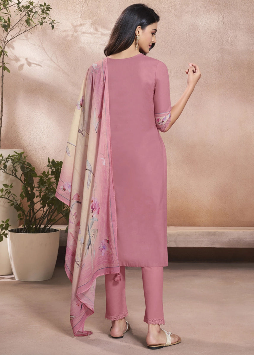 Soft Creamy Pink Cotton Suit with Beautiful Floral Threadwork - House of Sarvati LLC