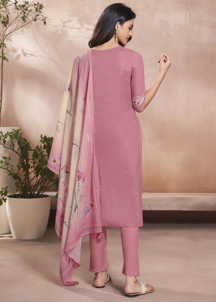 Soft Creamy Pink Cotton Suit with Beautiful Floral Threadwork - House of Sarvati LLC