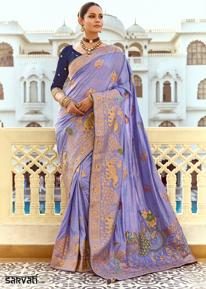 Soft Purple Dola Silk Saree Featuring Zari Weave And Intricate Handwork With Cut Dana - House of Sarvati LLC