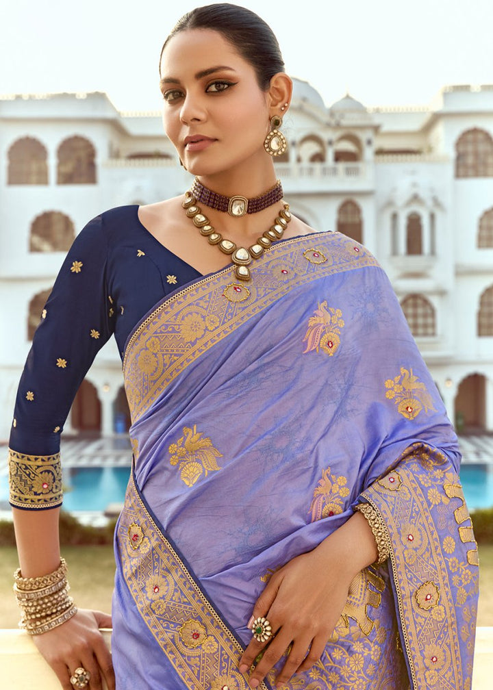 Soft Purple Dola Silk Saree Featuring Zari Weave And Intricate Handwork With Cut Dana - House of Sarvati LLC