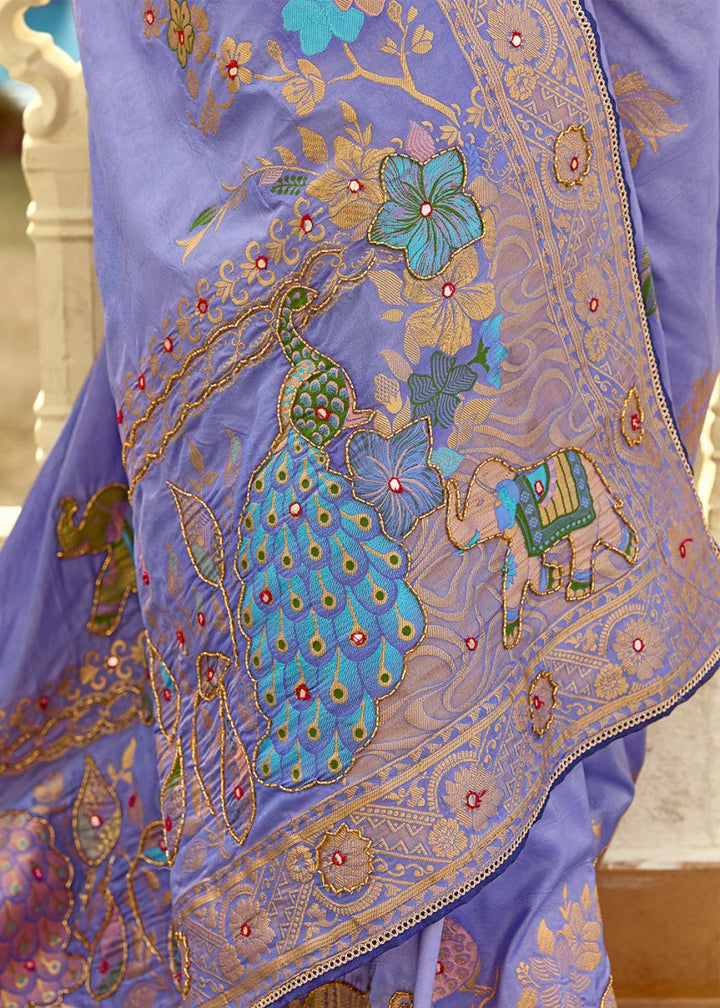 Soft Purple Dola Silk Saree Featuring Zari Weave And Intricate Handwork With Cut Dana - House of Sarvati LLC
