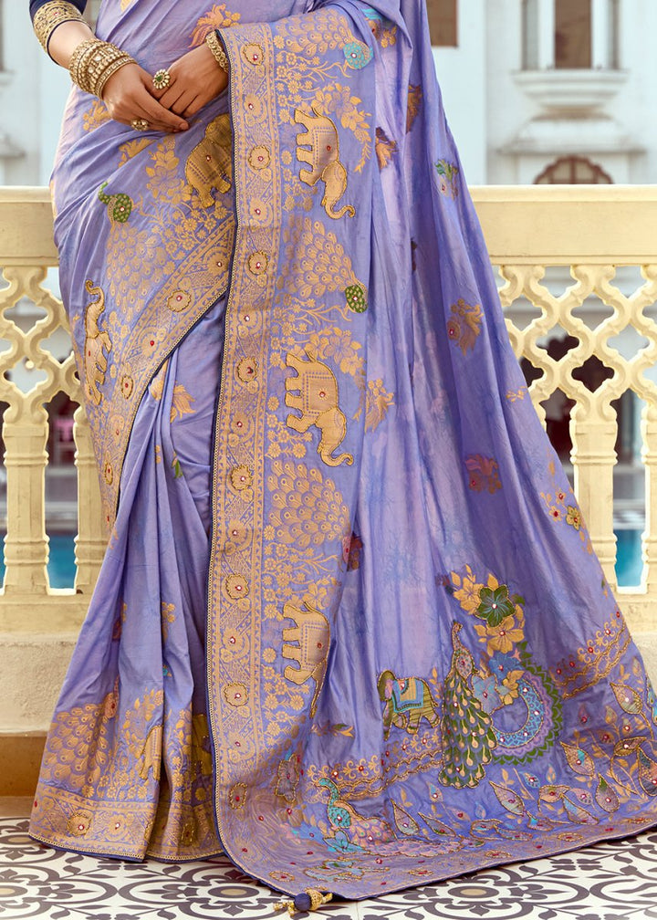 Soft Purple Dola Silk Saree Featuring Zari Weave And Intricate Handwork With Cut Dana - House of Sarvati LLC