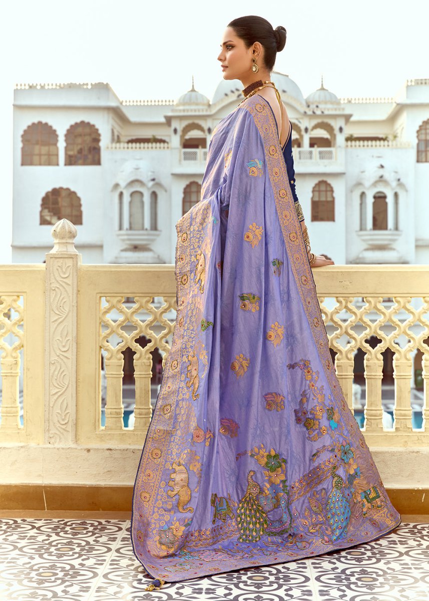 Soft Purple Dola Silk Saree Featuring Zari Weave And Intricate Handwork With Cut Dana - House of Sarvati LLC