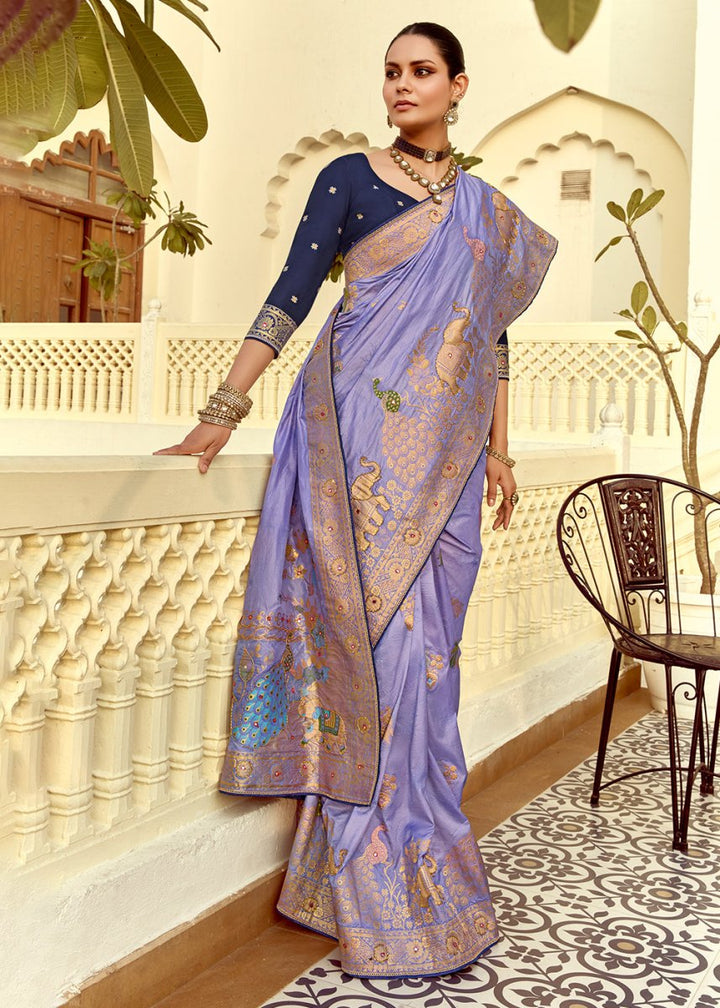 Soft Purple Dola Silk Saree Featuring Zari Weave And Intricate Handwork With Cut Dana - House of Sarvati LLC