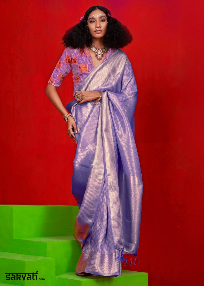 Soft Purple Handloom Tissue Silk Saree with Intricate Border Weaving - House of Sarvati LLC