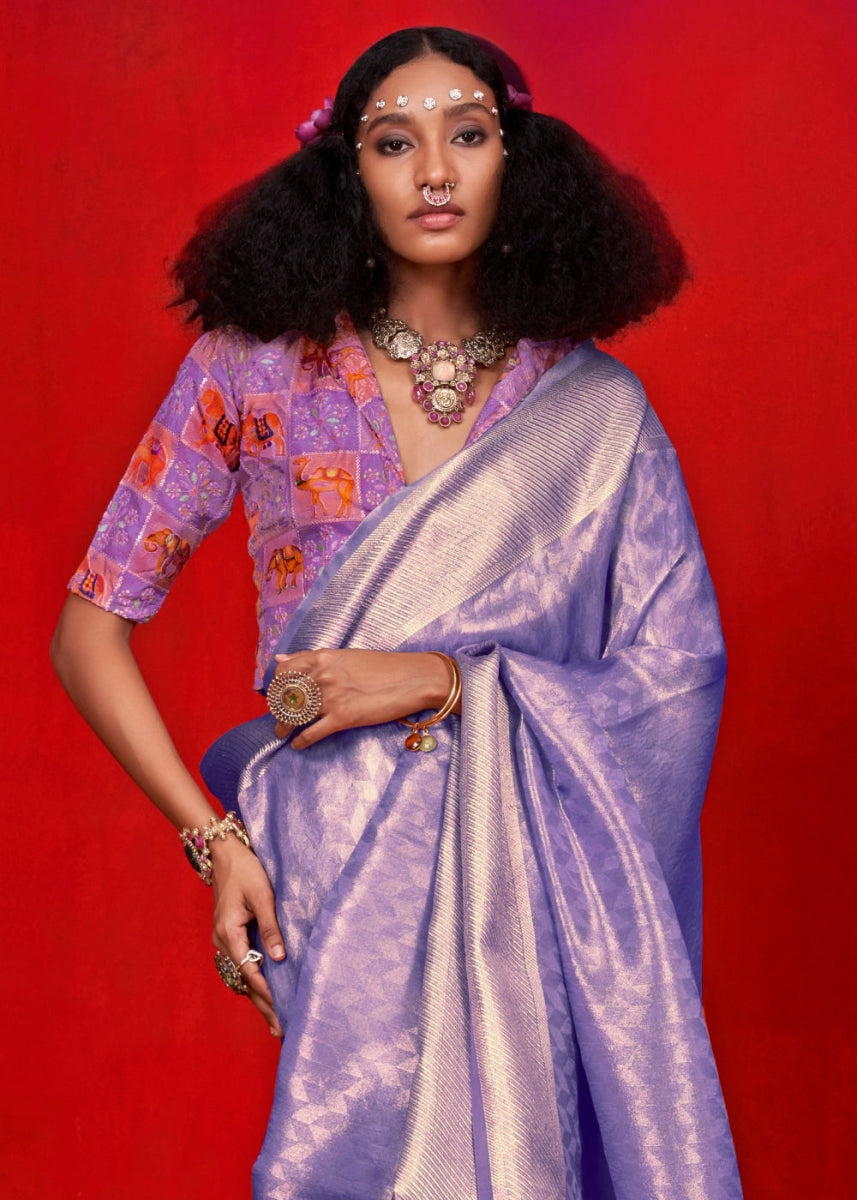 Soft Purple Handloom Tissue Silk Saree with Intricate Border Weaving - House of Sarvati LLC