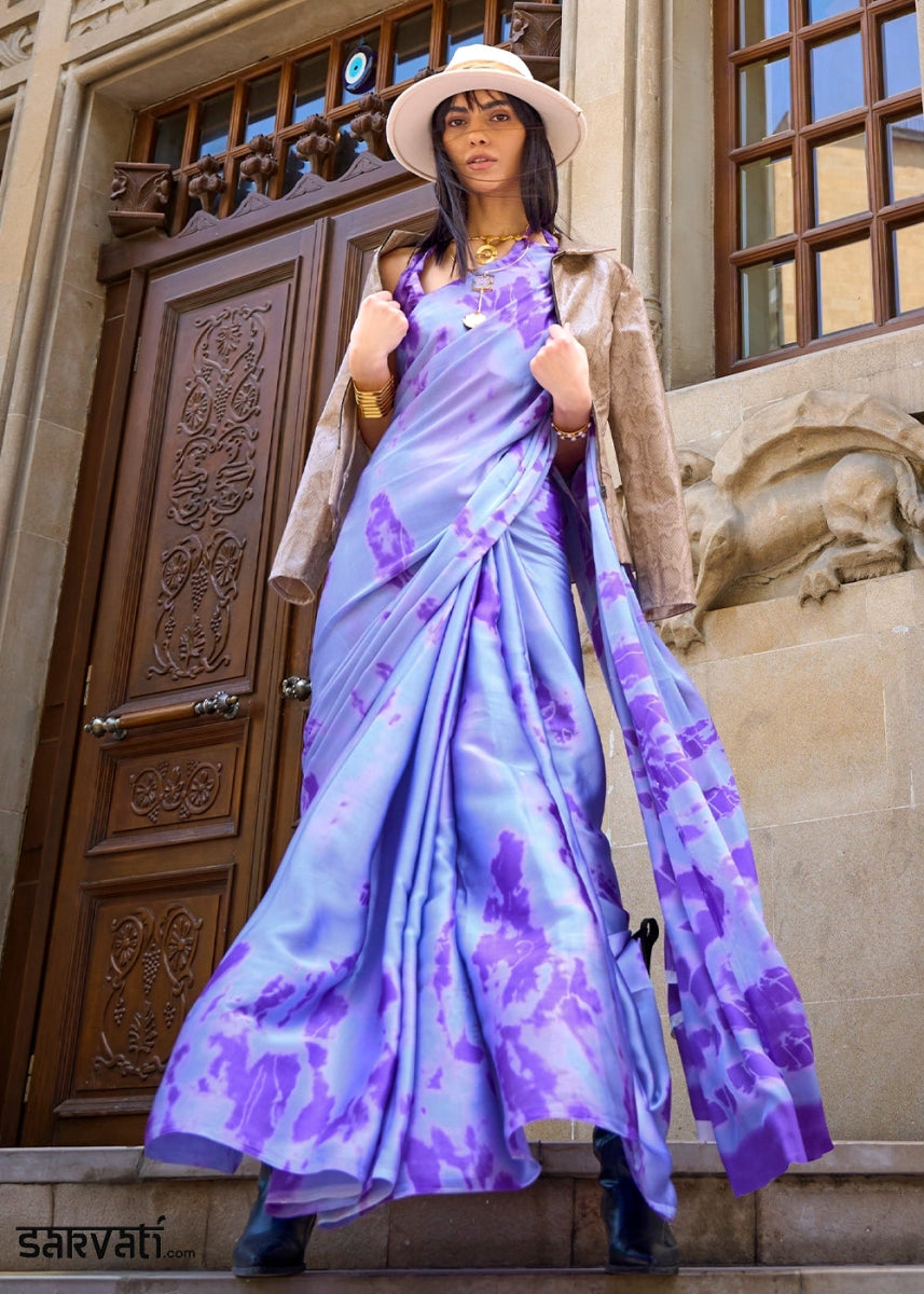 Soft Purple Lightweight Printed Saree in Satin Crepe - House of Sarvati LLC
