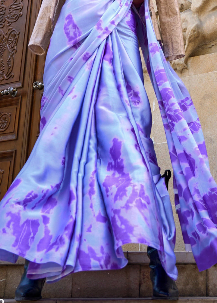 Soft Purple Lightweight Printed Saree in Satin Crepe - House of Sarvati LLC