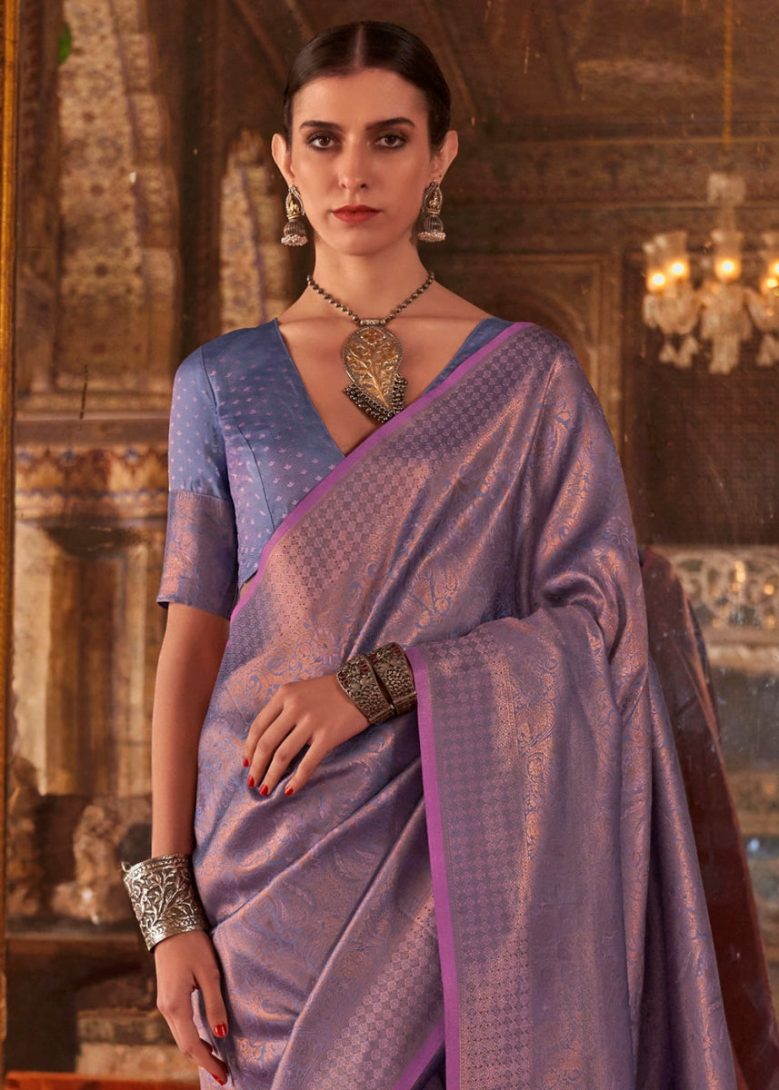 Soft Purple Silk Saree with Handloom Weaving and Gold Zari Accents - House of Sarvati LLC