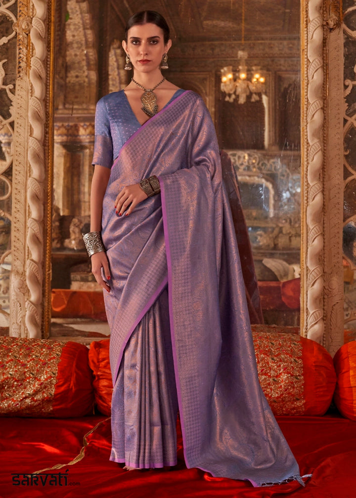 Soft Purple Silk Saree with Handloom Weaving and Gold Zari Accents - House of Sarvati LLC
