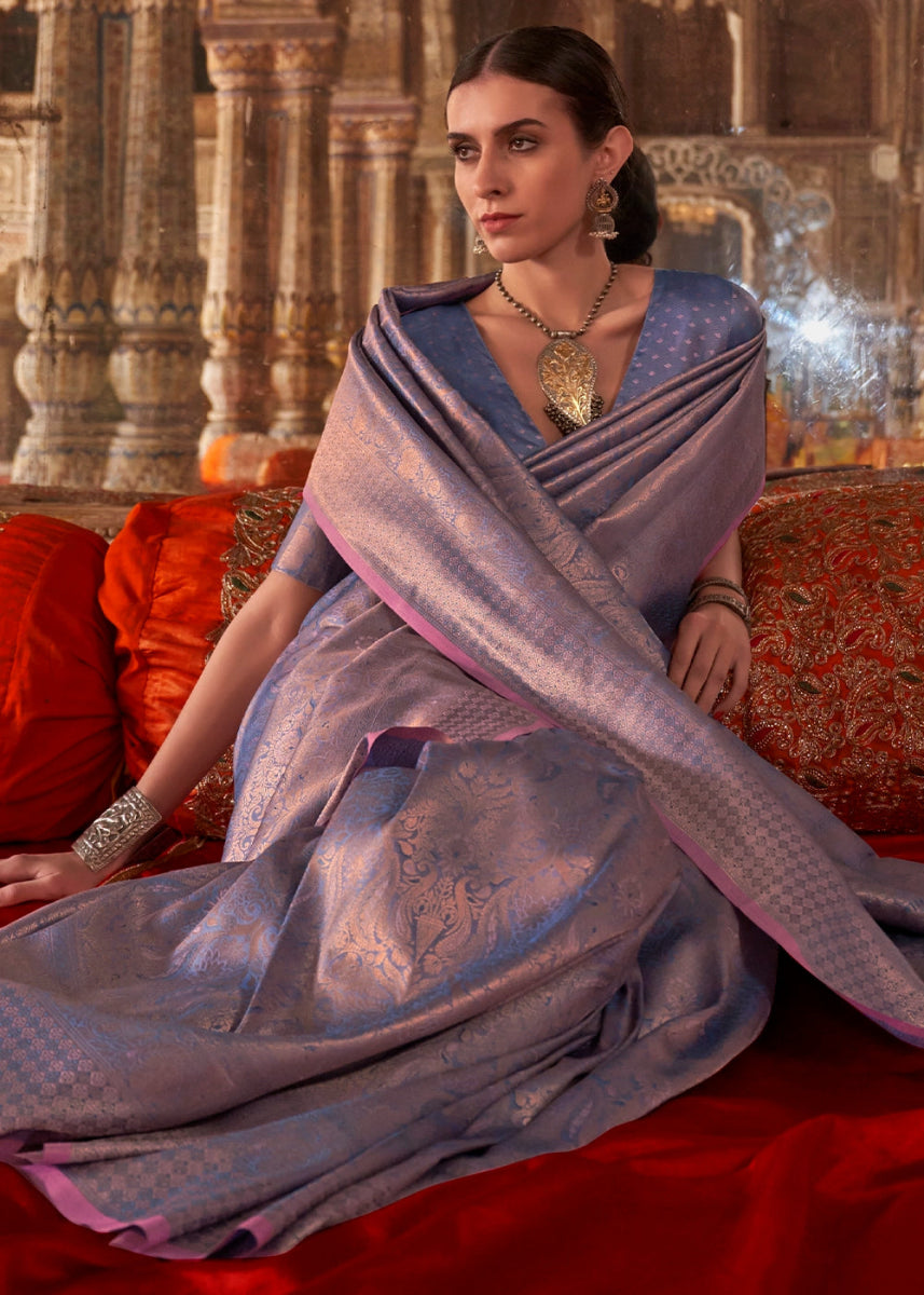 Soft Purple Silk Saree with Handloom Weaving and Gold Zari Accents - House of Sarvati LLC