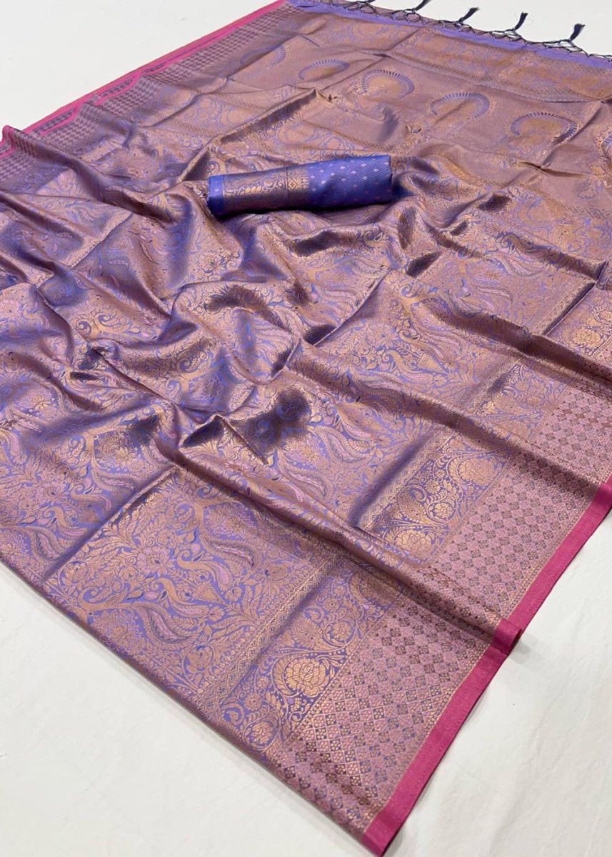 Soft Purple Silk Saree with Handloom Weaving and Gold Zari Accents - House of Sarvati LLC