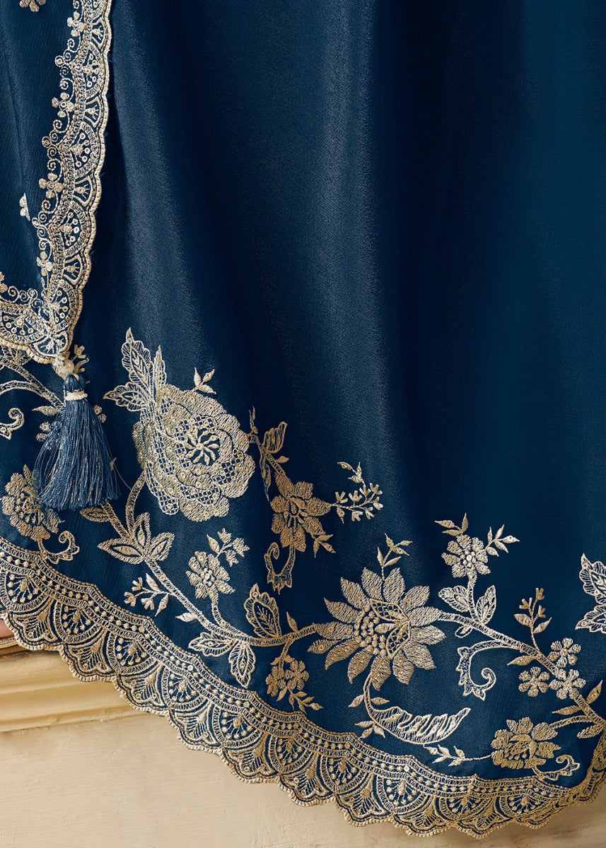 Space Blue Chinon Silk Sharara Suit with Intricate White Thread & Sequin Embroidery - House of Sarvati LLC
