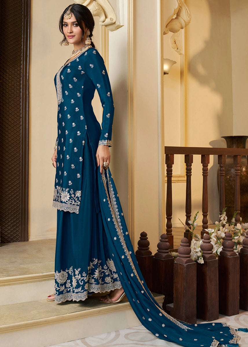 Space Blue Chinon Silk Sharara Suit with Intricate White Thread & Sequin Embroidery - House of Sarvati LLC