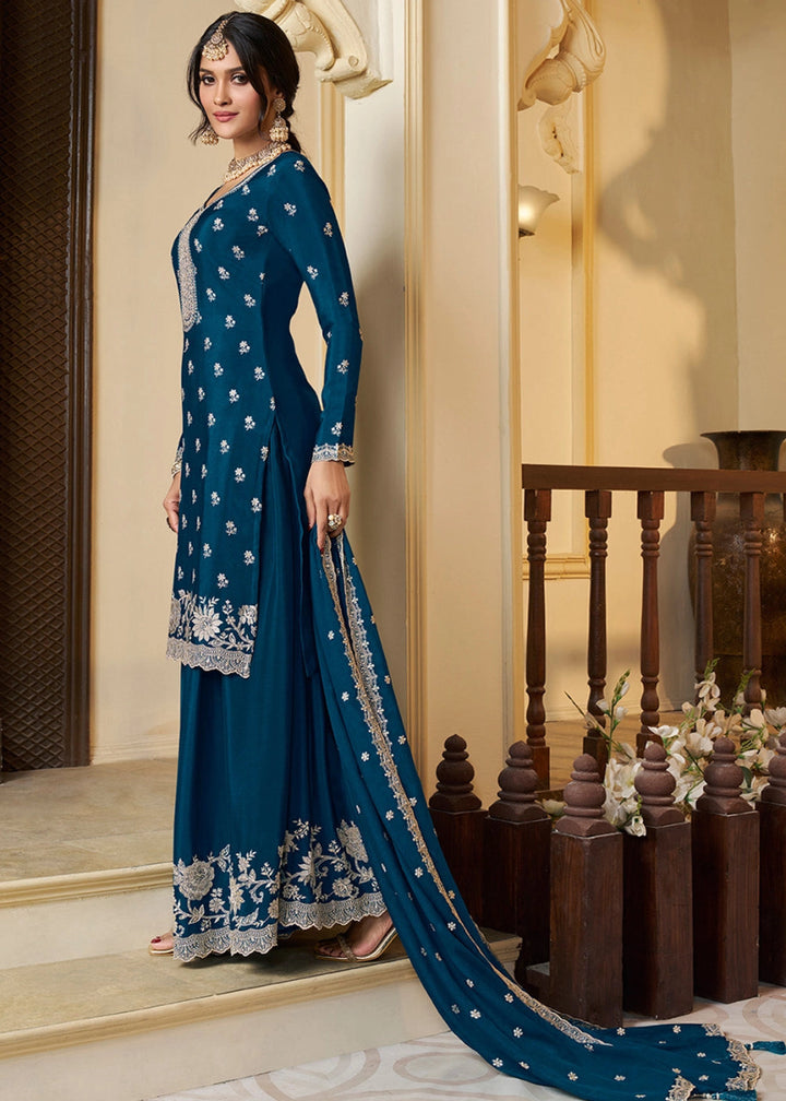 Space Blue Chinon Silk Sharara Suit with Intricate White Thread & Sequin Embroidery - House of Sarvati LLC