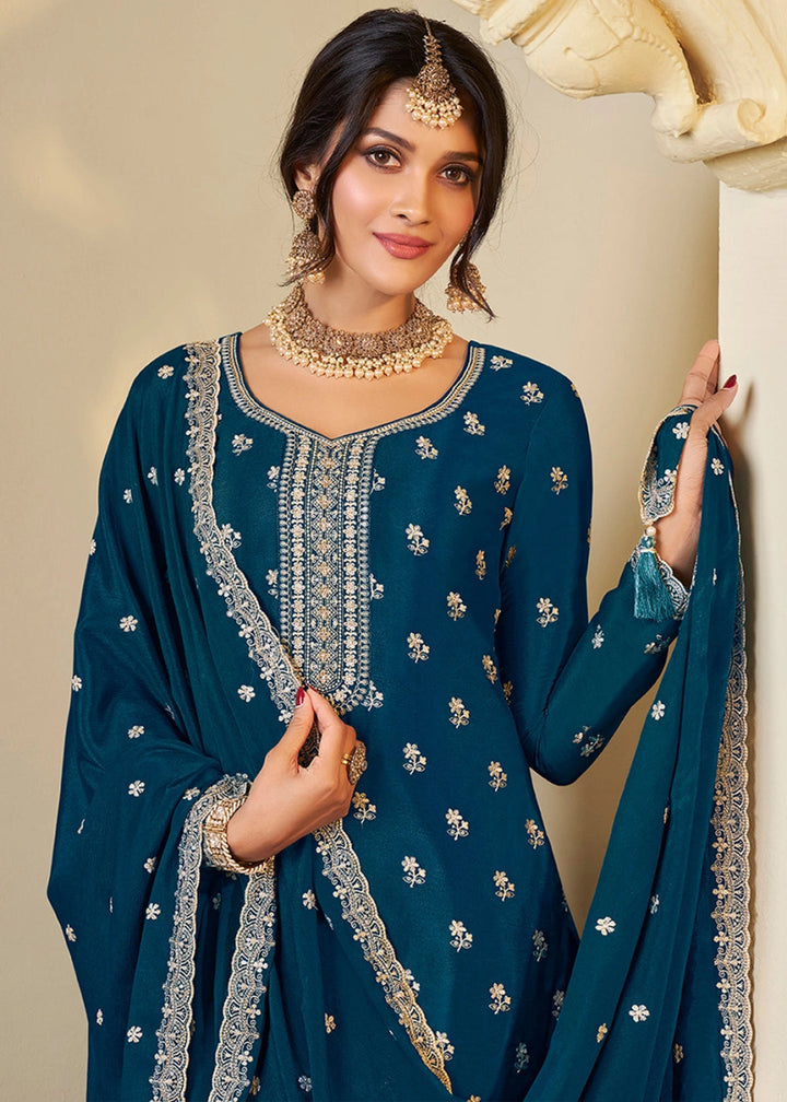 Space Blue Chinon Silk Sharara Suit with Intricate White Thread & Sequin Embroidery - House of Sarvati LLC