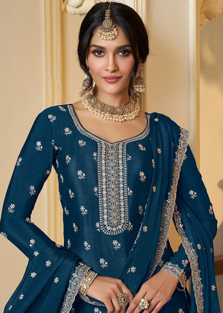 Space Blue Chinon Silk Sharara Suit with Intricate White Thread & Sequin Embroidery - House of Sarvati LLC