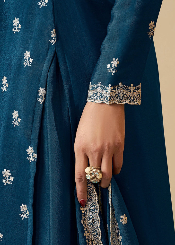 Space Blue Chinon Silk Sharara Suit with Intricate White Thread & Sequin Embroidery - House of Sarvati LLC