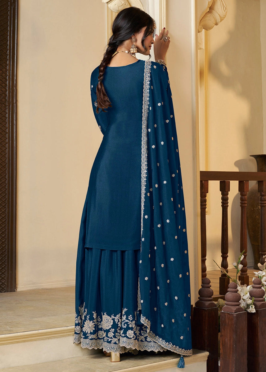 Space Blue Chinon Silk Sharara Suit with Intricate White Thread & Sequin Embroidery - House of Sarvati LLC