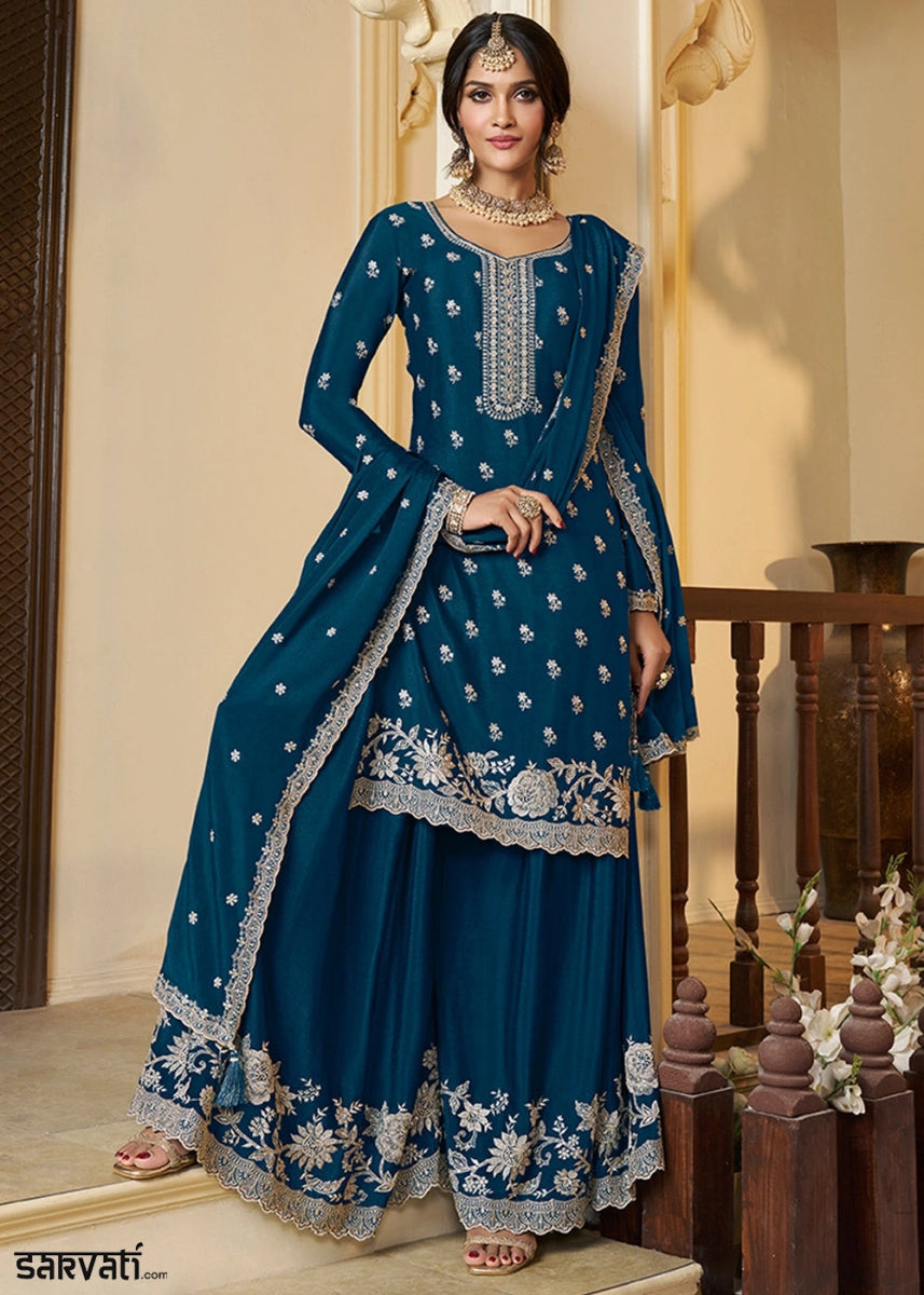 Space Blue Chinon Silk Sharara Suit with Intricate White Thread & Sequin Embroidery - House of Sarvati LLC