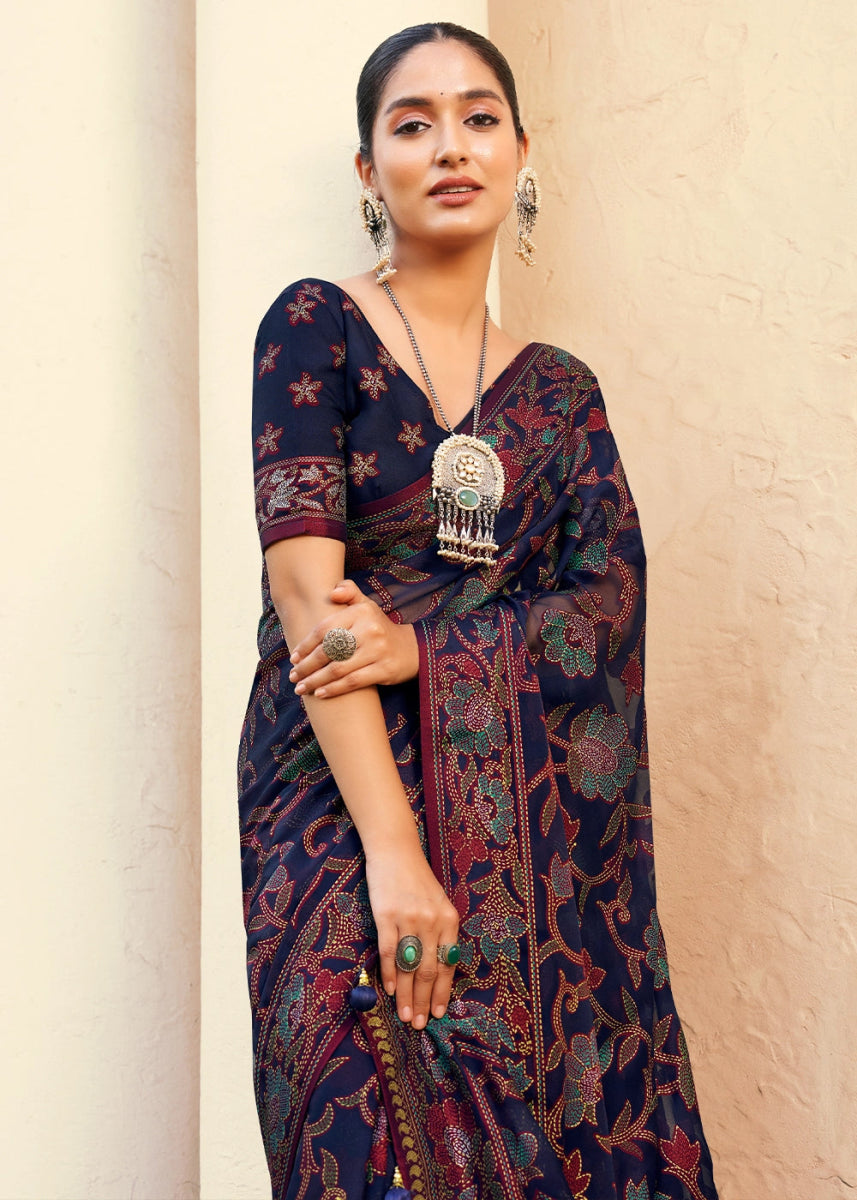 Space Blue Handwoven Zari Georgette Silk Saree - House of Sarvati LLC