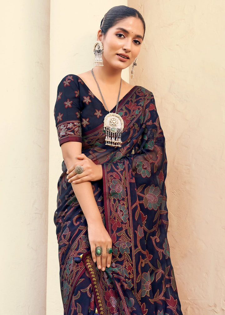 Space Blue Handwoven Zari Georgette Silk Saree - House of Sarvati LLC