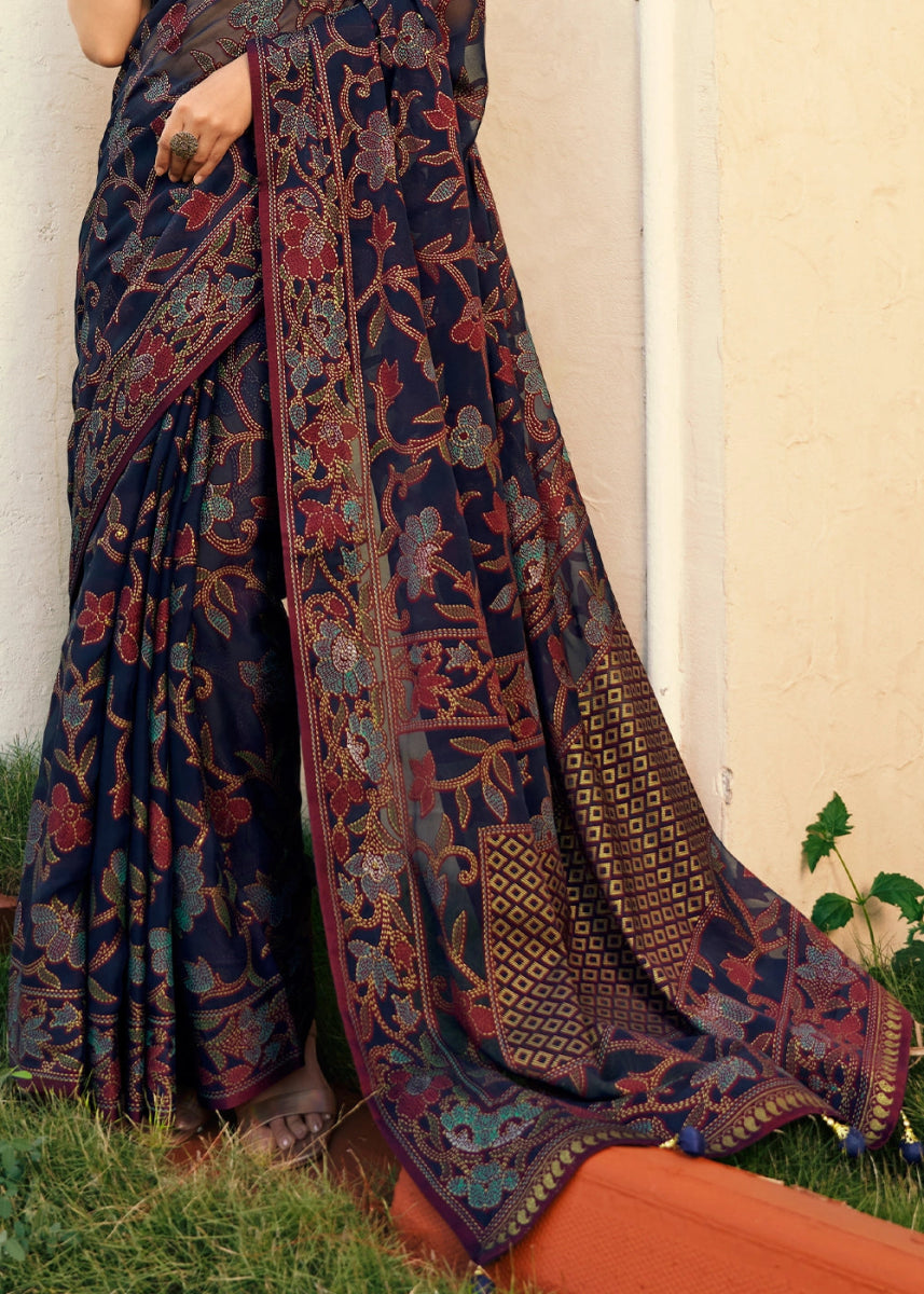 Space Blue Handwoven Zari Georgette Silk Saree - House of Sarvati LLC