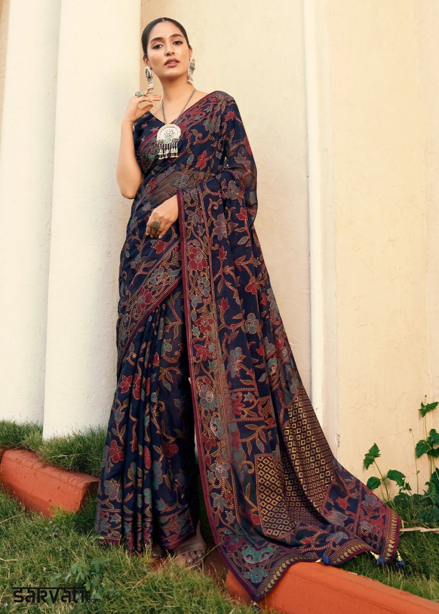 Space Blue Handwoven Zari Georgette Silk Saree - House of Sarvati LLC