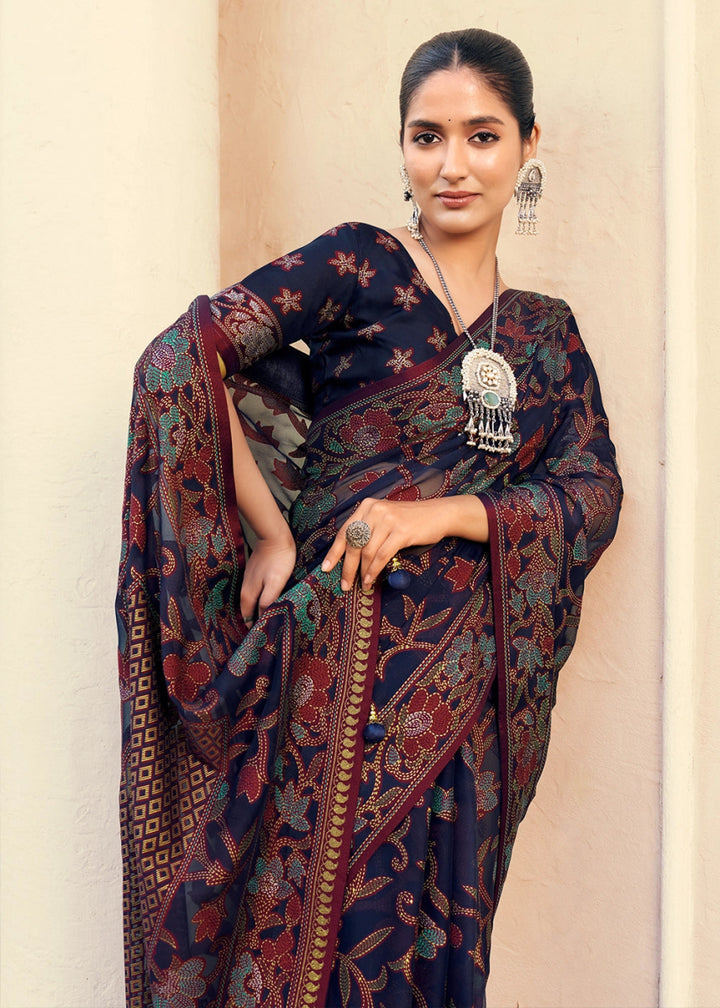 Space Blue Handwoven Zari Georgette Silk Saree - House of Sarvati LLC