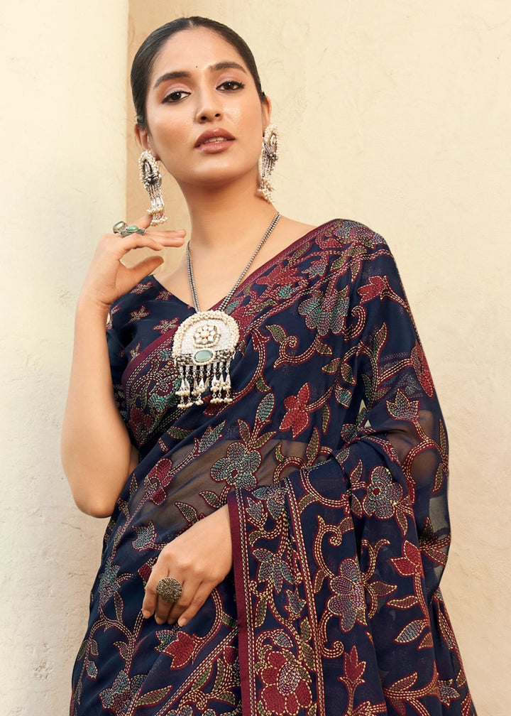 Space Blue Handwoven Zari Georgette Silk Saree - House of Sarvati LLC