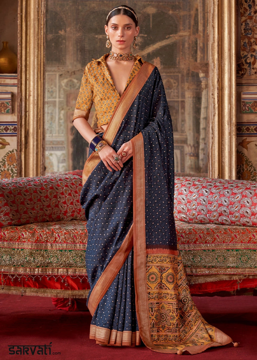 Space Blue Silk Saree with Printed Patterns - House of Sarvati LLC