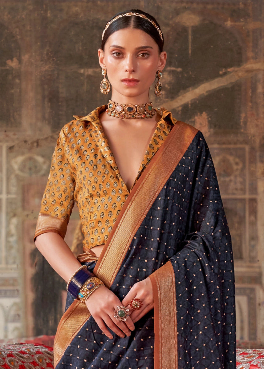 Space Blue Silk Saree with Printed Patterns - House of Sarvati LLC