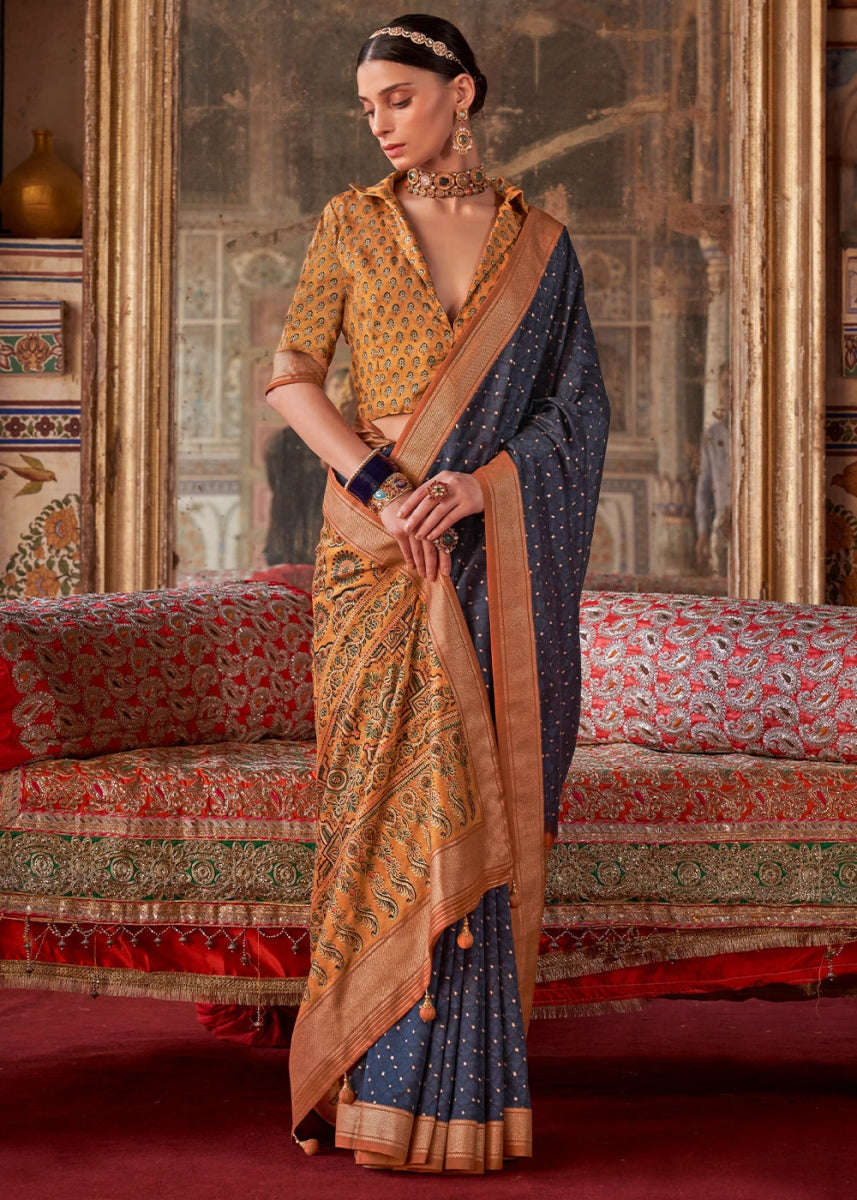 Space Blue Silk Saree with Printed Patterns - House of Sarvati LLC