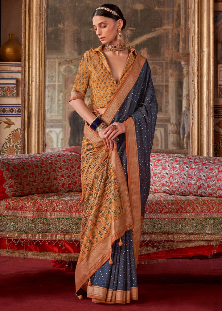 Space Blue Silk Saree with Printed Patterns - House of Sarvati LLC