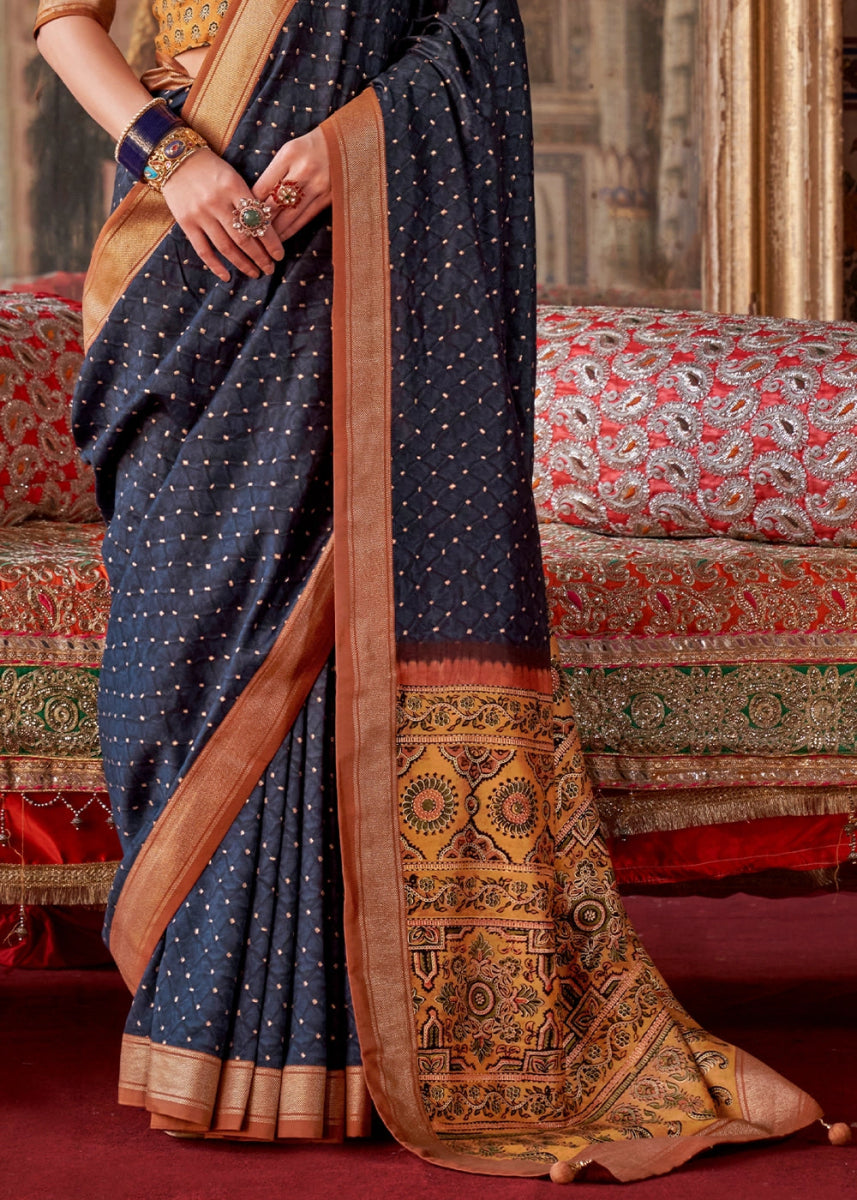 Space Blue Silk Saree with Printed Patterns - House of Sarvati LLC
