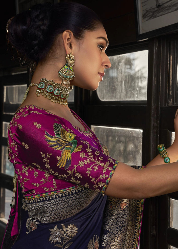 Space Blue Viscous Dola Silk Saree with Opulent Zari Work & Embellished Blouse - House of Sarvati LLC
