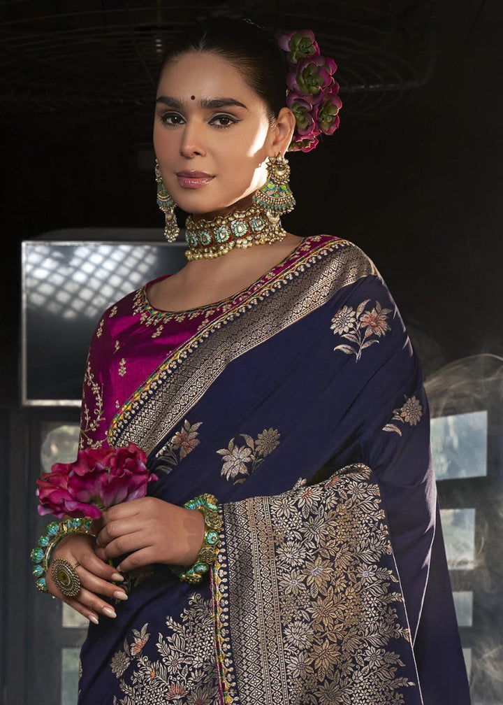 Space Blue Viscous Dola Silk Saree with Opulent Zari Work & Embellished Blouse - House of Sarvati LLC