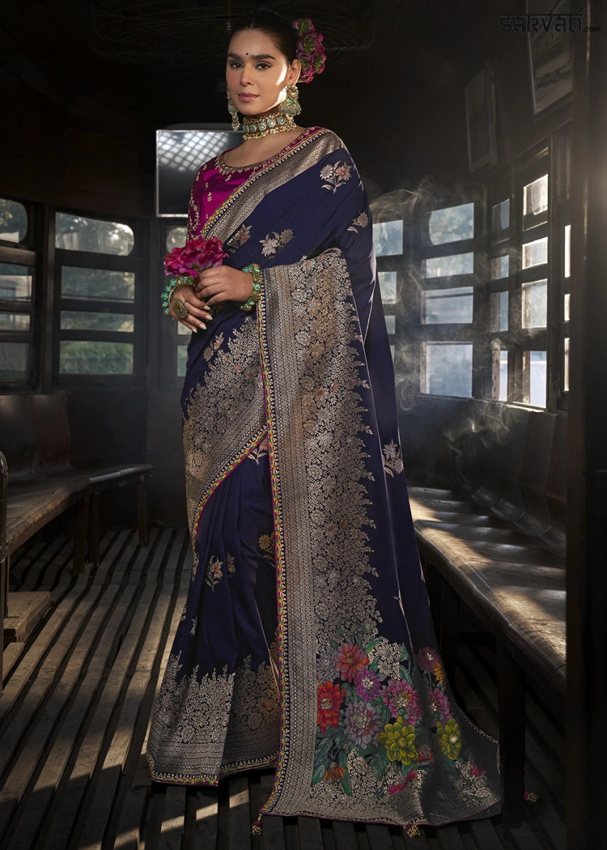 Space Blue Viscous Dola Silk Saree with Opulent Zari Work & Embellished Blouse - House of Sarvati LLC