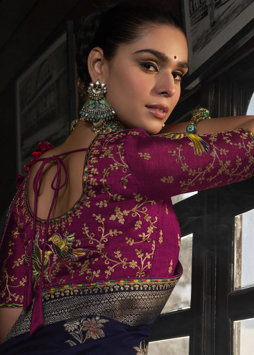 Space Blue Viscous Dola Silk Saree with Opulent Zari Work & Embellished Blouse - House of Sarvati LLC