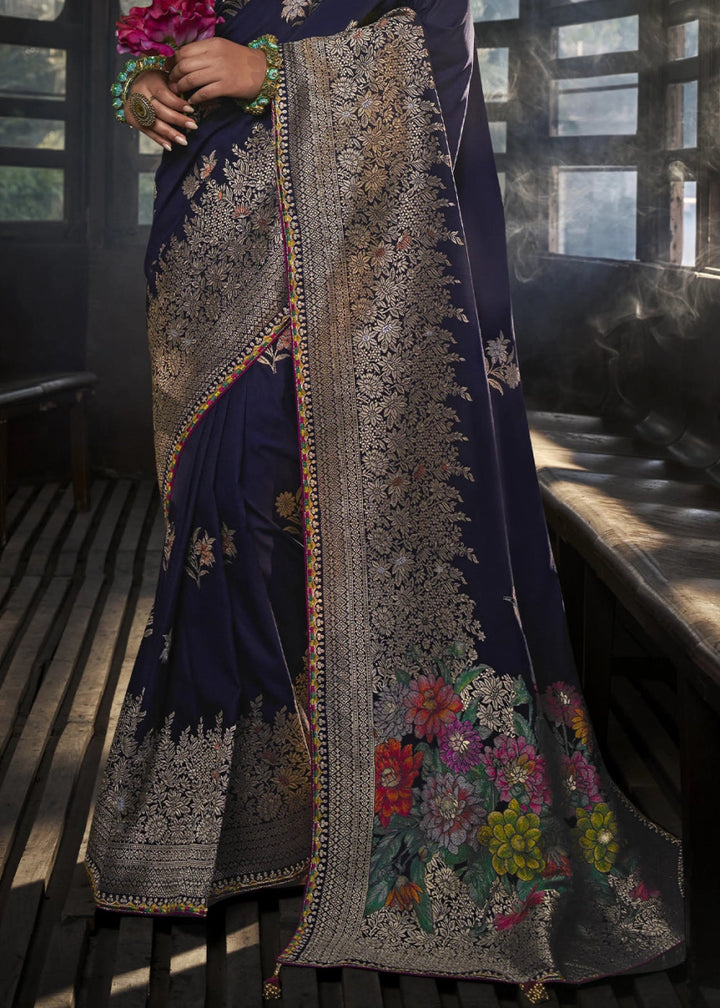 Space Blue Viscous Dola Silk Saree with Opulent Zari Work & Embellished Blouse - House of Sarvati LLC