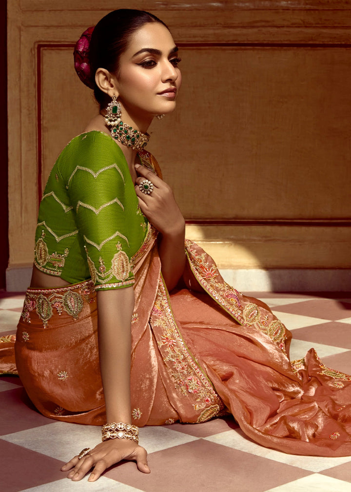Spanish Orange Tissue Silk Saree Beautified with Intricate Thread Embroidery And Sequin Accents - House of Sarvati LLC
