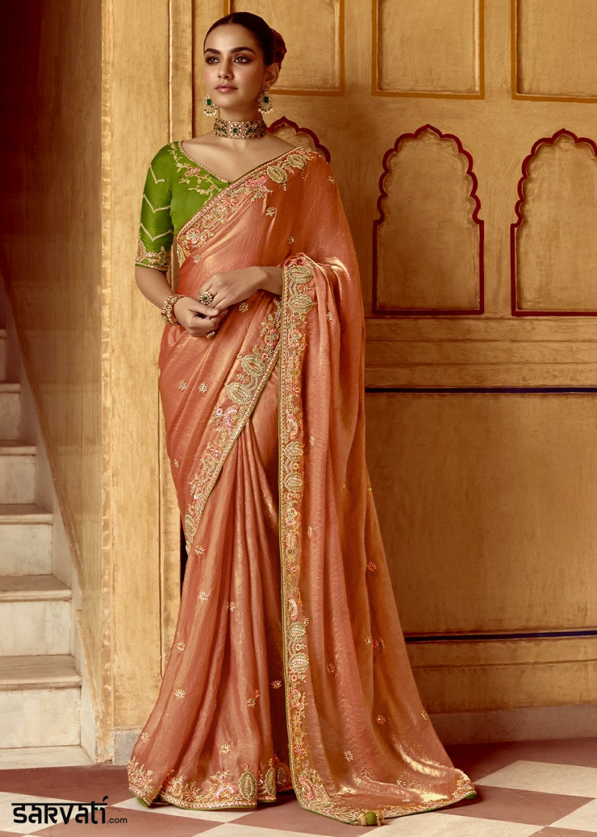 Spanish Orange Tissue Silk Saree Beautified with Intricate Thread Embroidery And Sequin Accents - House of Sarvati LLC