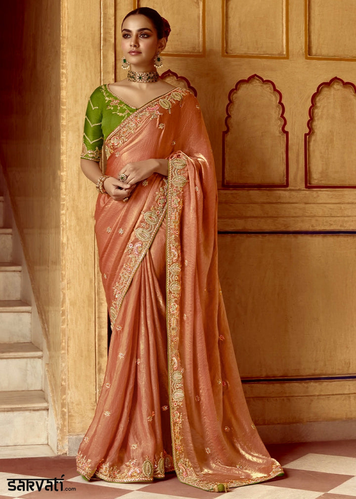 Spanish Orange Tissue Silk Saree Beautified with Intricate Thread Embroidery And Sequin Accents - House of Sarvati LLC