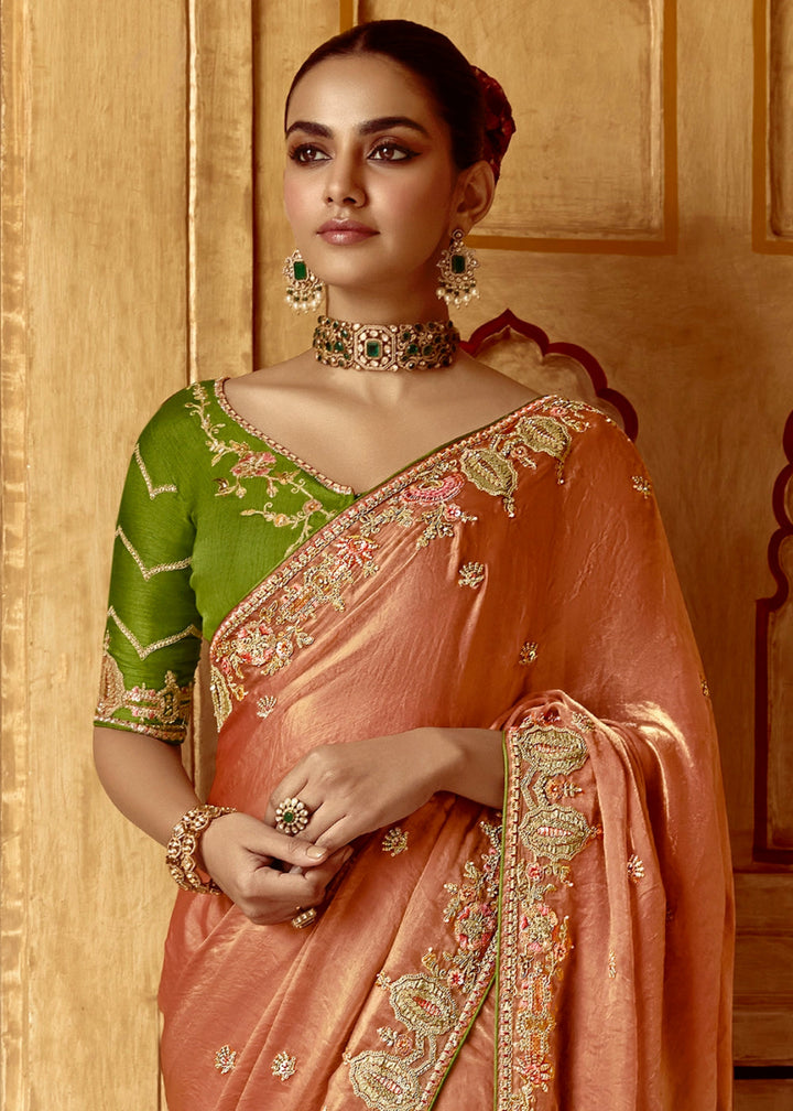 Spanish Orange Tissue Silk Saree Beautified with Intricate Thread Embroidery And Sequin Accents - House of Sarvati LLC