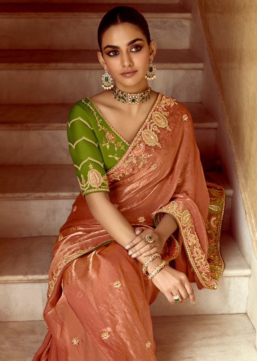 Spanish Orange Tissue Silk Saree Beautified with Intricate Thread Embroidery And Sequin Accents - House of Sarvati LLC