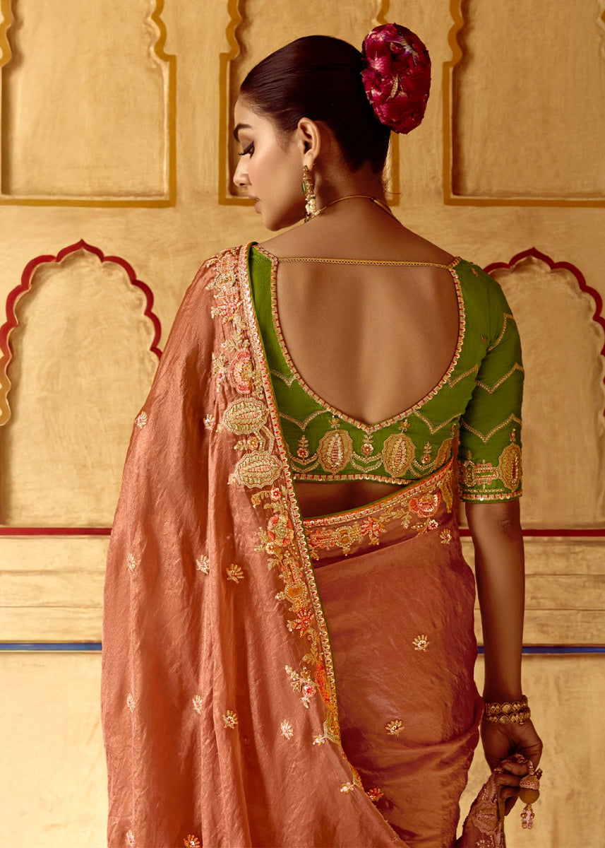 Spanish Orange Tissue Silk Saree Beautified with Intricate Thread Embroidery And Sequin Accents - House of Sarvati LLC